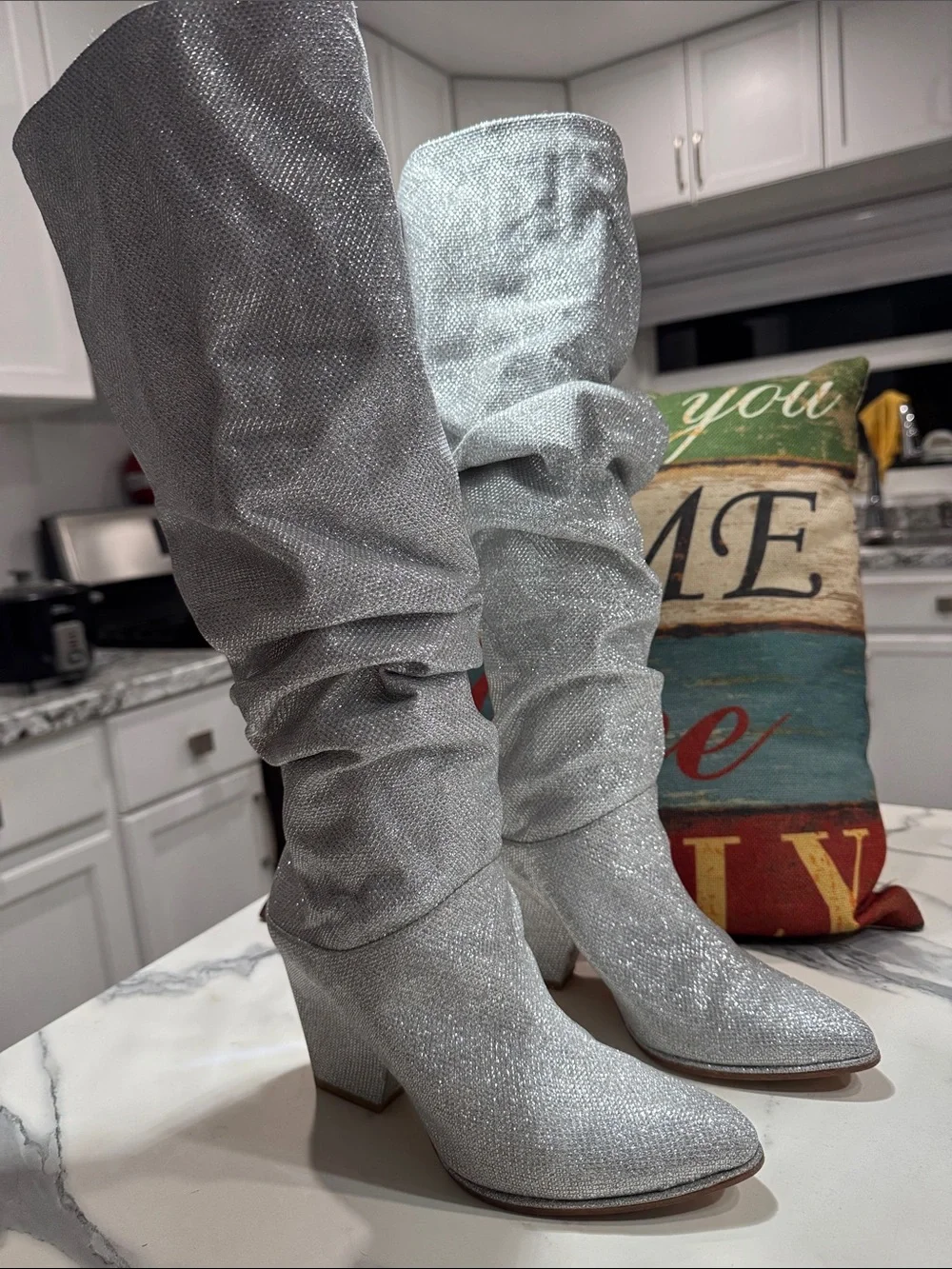 Stuart Weitzman Silver Over-the-Knee Glitter Slouch Boots
